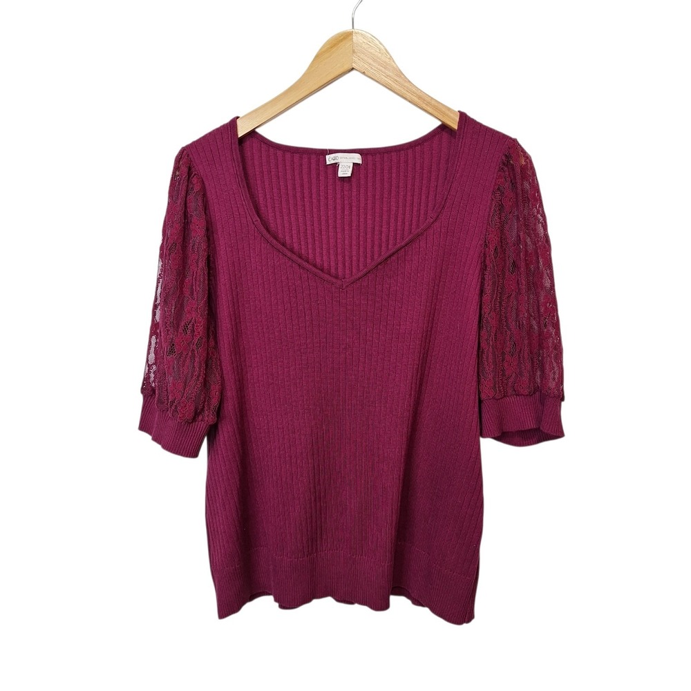 Cato Est 1946 Womens 22/24W Pullover Ribbed Sweater Puff Lace Sleeve Berry Wine‎